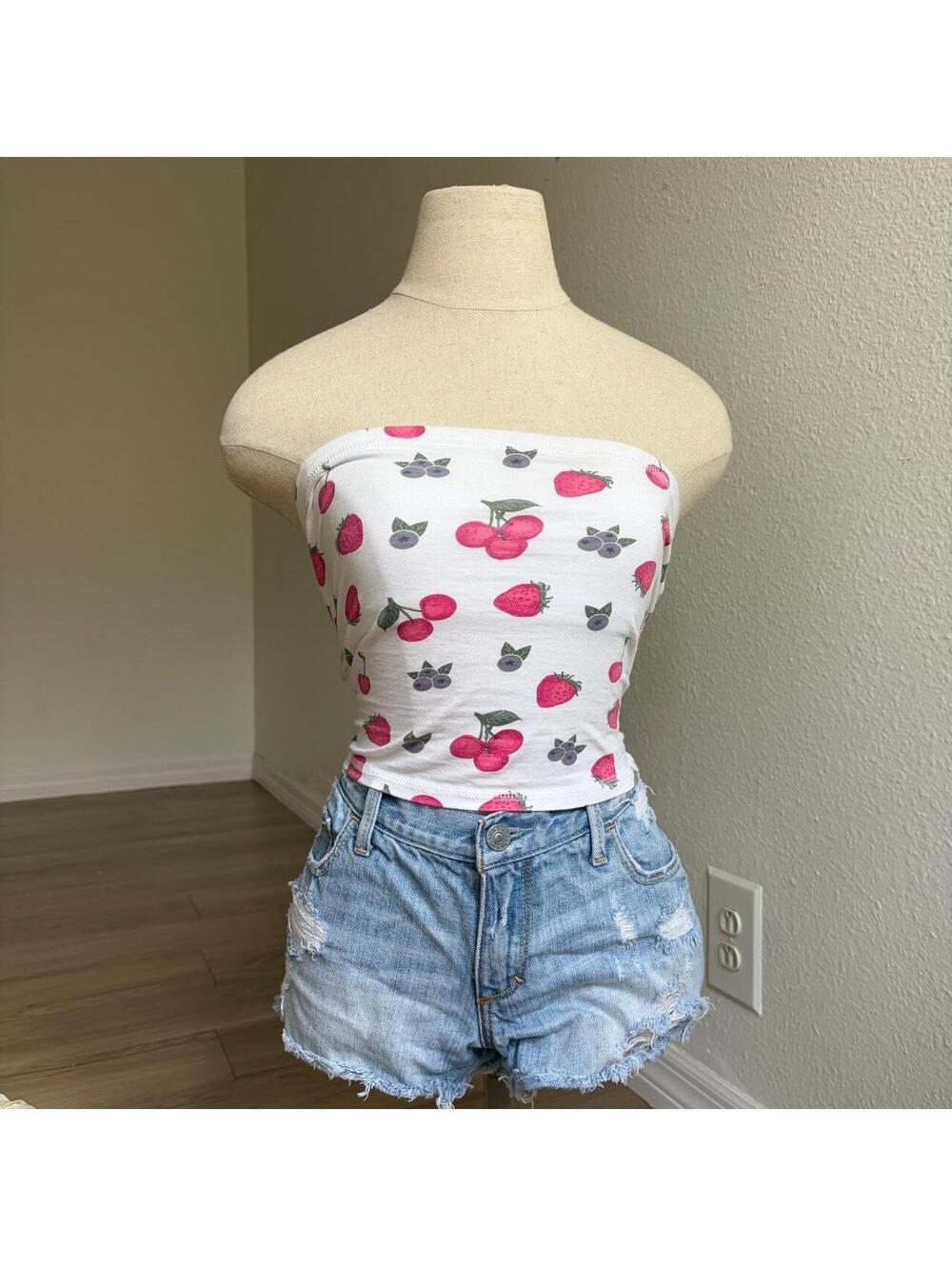 White tube crop top with pink cherries and blueberries